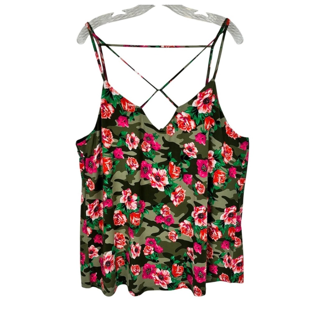 Venus Women's Green Camo Floral Top 1X  Criss Cross Strap Detail‎ - Picture 4 of 9